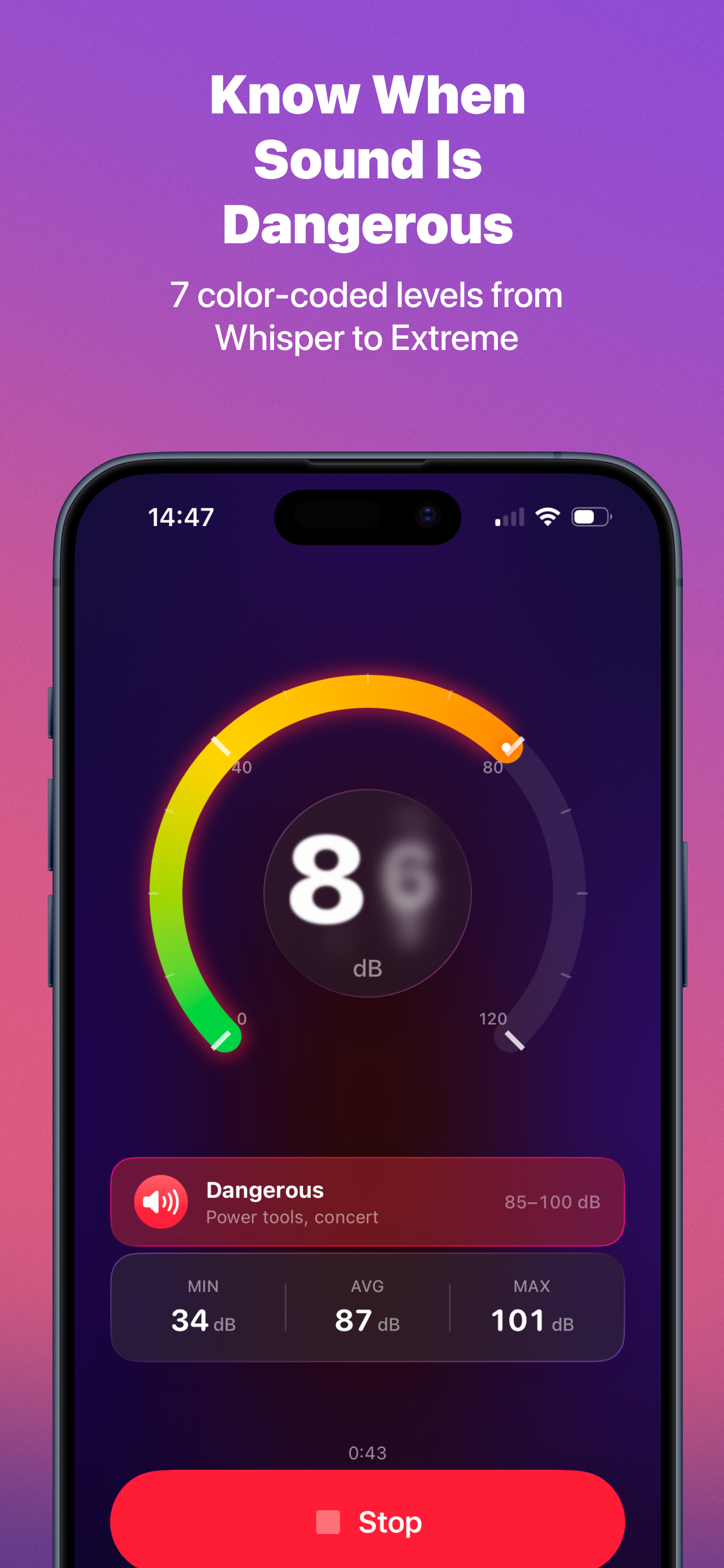 Loudly app showing dangerous noise level warning