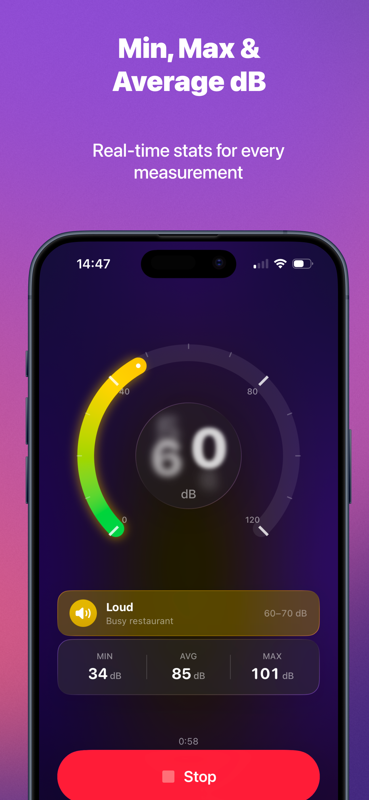 Loudly app showing min, max and average dB stats