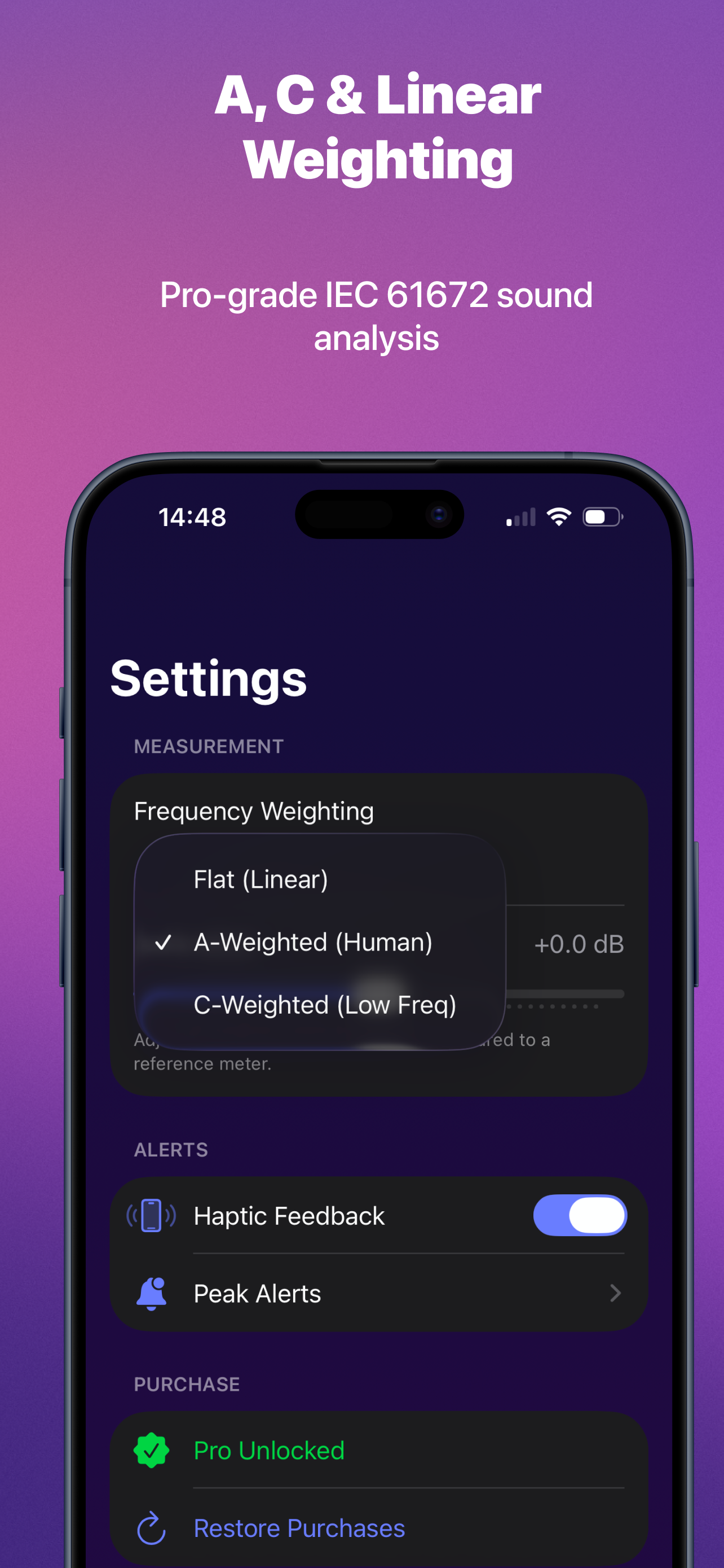 A, C & Linear Weighting - settings and weighting options